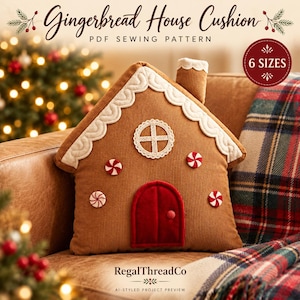 May include: A brown corduroy gingerbread house cushion PDF sewing pattern featuring a white scalloped roof trim, a round lace window, a red velvet door, and four peppermint candy accents. The text reads Gingerbread House Cushion, PDF Sewing Pattern, 6 Sizes, and RegalThreadCo.