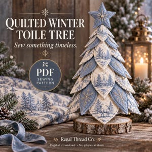 Puede incluir: Un árbol de Navidad de tela acolchada con patrones toile azul y blanco de paisajes invernales, ciervos y árboles. El árbol está coronado con una estrella y se asienta sobre una base de madera. Texto: Quilted Winter Toile Tree, Sew something timeless, PDF Sewing Pattern, Regal Thread Co.