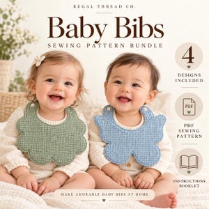 Puede incluir: Un paquete de patrones de costura para baberos de bebé de Regal Thread Co. El producto digital incluye cuatro diseños, un patrón de costura en PDF y un folleto de instrucciones. La imagen muestra a dos bebés con un babero festoneado verde salvia y un babero azul con forma de mariposa.