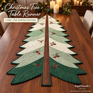 May include: A Christmas tree-shaped table runner sewing pattern featuring a brown central trunk and layered branches in shades of green and cream. The fabric displays quilted textures, embroidered pinecones, and red berries. Text reads: Christmas Tree Table Runner, 1 SIZE • PDF SEWING PATTERN, RegalThreadCo.