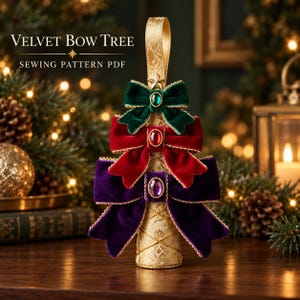 May include: A decorative tree-shaped ornament featuring three stacked velvet bows in dark green, red, and purple, each centred with a gemstone. The base is gold fabric with a lattice pattern, topped with a gold ribbon loop. Text reads: VELVET BOW TREE SEWING PATTERN PDF.