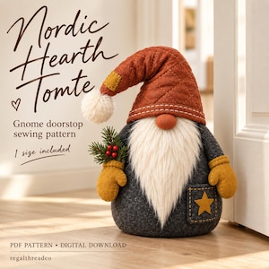 Può includere: Un cartamodello per fermaporta a forma di gnomo intitolato Nordic Hearth Tomte. Lo gnomo presenta un cappello trapuntato color ruggine con un pon-pon bianco, una lunga barba in pelliccia sintetica bianca, muffole giallo senape e corpo grigio scuro.