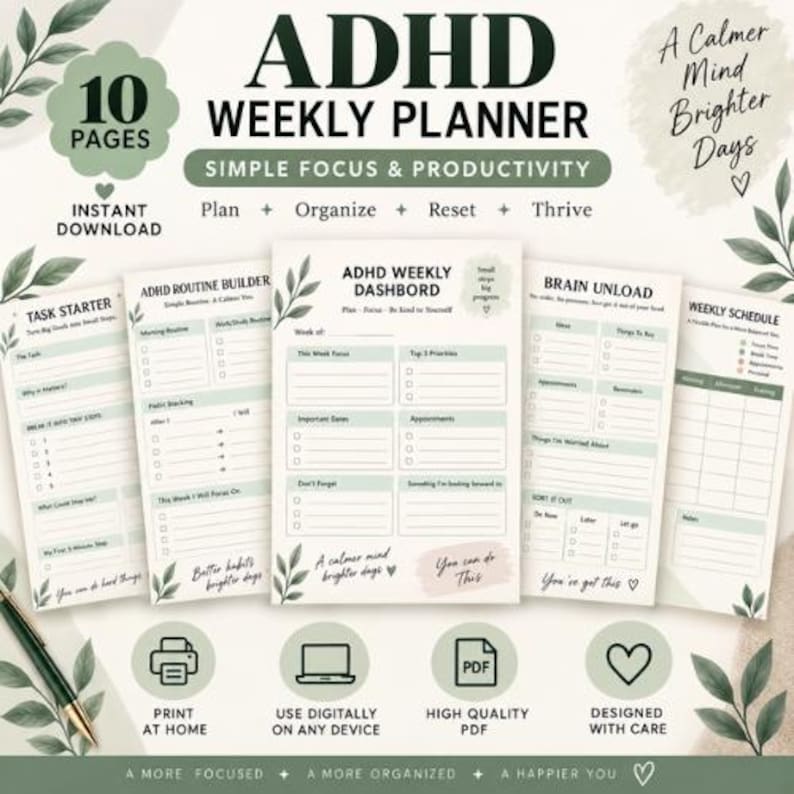 ADHD Weekly Planner Printable | 10-page Productivity & Routine ...