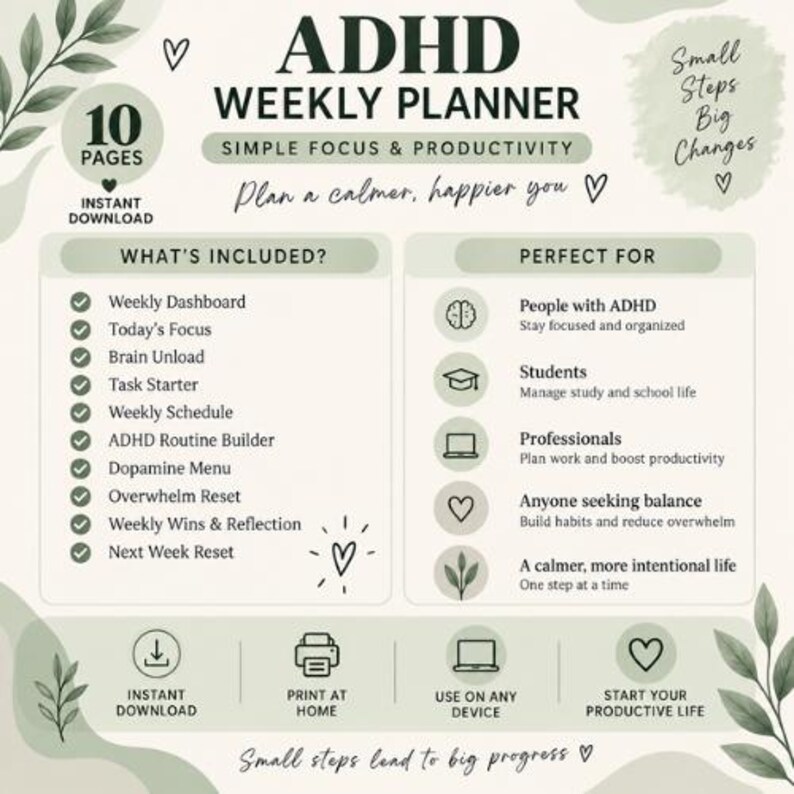 ADHD Weekly Planner Printable | 10-page Productivity & Routine ...