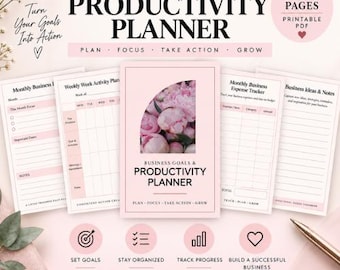Puede incluir: Un conjunto de planificador de objetivos y productividad empresarial con 10 páginas imprimibles. La portada muestra un gráfico de arco floral rosa con el texto Business Goals & Productivity Planner, incluyendo plantillas de seguimiento mensual.