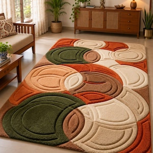 Terracotta Geometric Rug, Olive Green Abstract Area Rug, Hand Tufted Wool Carpet, 3D Textured Circle Rug, Modern Boho Living Room Decor