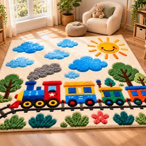 May include: A rectangular area rug featuring a colorful train on black tracks, surrounded by green trees and bushes. The cream-colored background includes a bright yellow smiling sun and several textured blue clouds in the sky above the train.