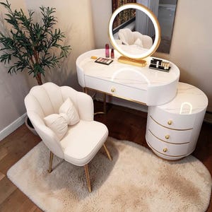Scrivania da trucco bianca con specchio e luci, tavolo da trucco regolabile, scrivania di bellezza moderna