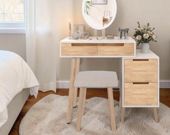 Coiffeuse en palissandre avec miroir éclairé, tabouret rembourré, table de chevet avec rangement