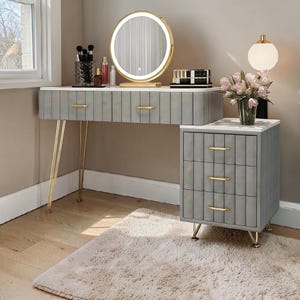 grey velvet dressing table Amazon.com: FCDURACORE Modern Velvet Makeup Vanity Chair Bench with Backrest Compact Padded Seat and Armchair for Dressing Table Minimalist Casual Stool for Household Desk,Grey : Home & Kitchen