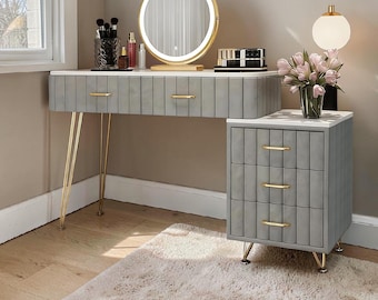 Grauer Samt-Waschtisch mit LED-Spiegel, Art-Deco-Make-up-Tischablage