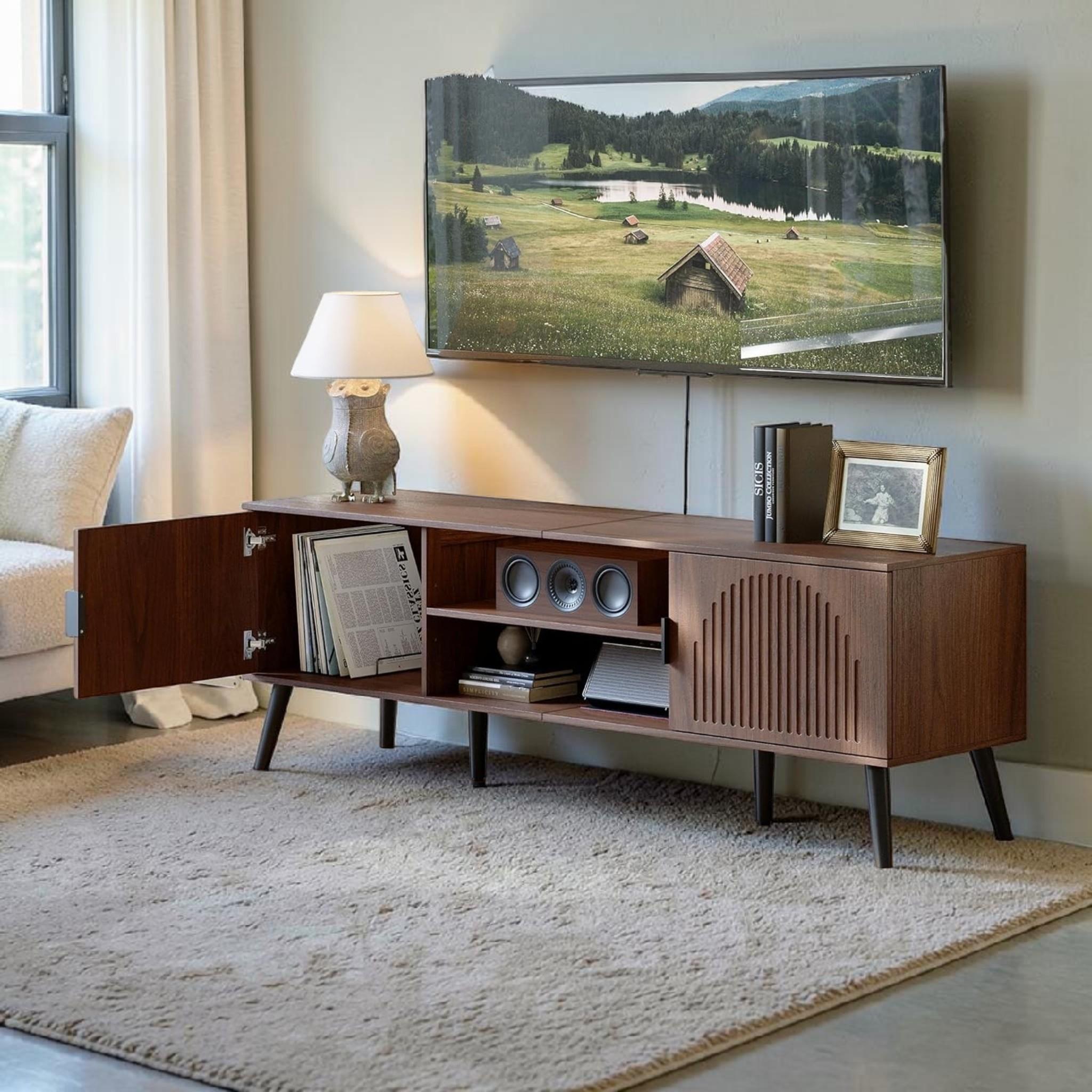 Meuble TV suspendu avec 3 portes - Effet travertin - VIKILA Meuble TV suspendu avec 3 portes - Effet travertin - VIKILA