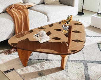 Mid Century Modern Wood and Glass Coffee Table, Living Room Accent Center Table