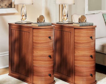Walnut Narrow Nightstand With 3 Drawers, Slim Wooden Bedside Table