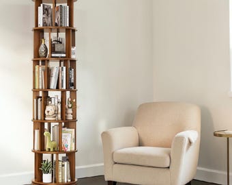 Solid Wood 6-Tier Rotating Bookshelf Tower, Modern Revolving Bookcase with Wheels
