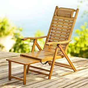 May include: A light brown bamboo recliner chair with a matching footrest. The chair has a slatted back and seat, curved armrests, and a headrest. The footrest is a small, rectangular table. The chair is on a wooden deck. The chair's dimensions are approximately 150 cm long.