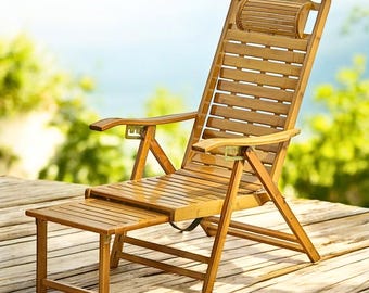 Bambus Faltbare Sonnenliege, Gartenstuhl Terrasse Liege mit Fußstütze im Freien Deck