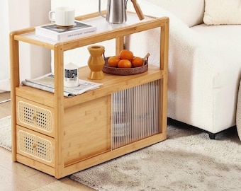 Rattan Bamboo Nightstand, Boho Wood Side Table, Glass Accent Coffee Table