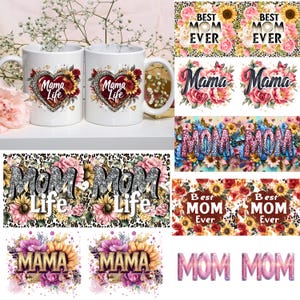 Peut inclure: Deux mugs en céramique blanche avec un motif en forme de cœur avec des tournesols, un imprimé léopard et le texte "Mama Life". D'autres motifs incluent des motifs floraux et les phrases "Best Mom Ever" et "Mom."
