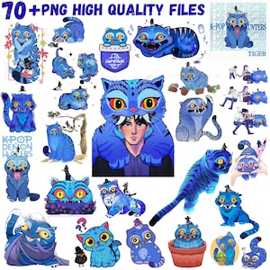 Puede incluir: Una colección de más de 70 archivos PNG de alta calidad con ilustraciones de tigres azules de dibujos animados. Las imágenes incluyen varias poses y estilos, con texto como "K-POP DEMON HUNTERS" y "HUNTRAX".