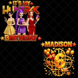 以下が含まれることがあります： 「IT'S MY BIRTHDAY」と「MADISON」の文字が金色で描かれたデジタルグラフィック。ドレスを着た3人の漫画の女性が、手持ち花火とケーキを持っています。風船とプレゼントが付いた金色の数字6も表示されています。