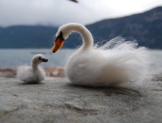 Oiseaux Feutres Aiguilles Cygne Blanc Et Bebe Aiguille Etsy