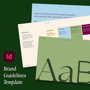 Op de afbeelding: Een ontwerpsjabloon getiteld "Brand Guidelines" met tekst en kleurstalen. De sjabloon bevat tekst over badkleding, kleurenpaletten en primaire kleuren. Het Adobe InDesign-logo staat in de linker benedenhoek.