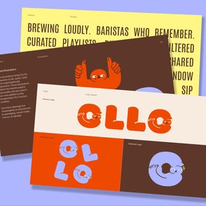 Könnte beinhalten: Eine Designpräsentation mit gelbem Hintergrund und dem Text "Brewing Loudly. Baristas Who Remember. Curated Playlists." Andere Seiten zeigen das Wort "OLLO" in Orange und Blau sowie Illustrationen.