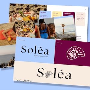 May include: A collage of images featuring beach scenes, color palettes, and the "Soléa" logo. The logo is displayed in various formats, with the tagline "FOR SLOW SALTY DAYS." Color swatches include "Sea Spray," "Sun Tan," and "Cherry Ice."