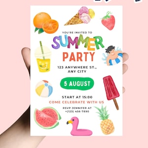 Colorful Summer Party Invitation - Editable Digital Invite for Kids or Pool Party