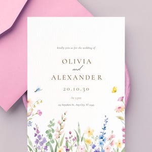 Watercolor Wildflower Wedding Invitation - Pastel Floral Garden Theme | Digital Download