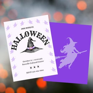 Witch Hat Halloween Invitation - Purple & Black - Canva Editable Template