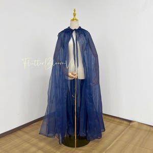 Simple Dark Blue Organza Hooded Cloak,Flowy Sheer Wedding Cape for Weddings & Prom, Ethereal Bridal Cover-Up,Delicate Wedding Cape veil