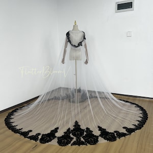 Black Lace Wedding Cape Veil,Boho Wedding Cloak, Long Capelet for Wedding Cape with Embroidered Black Applique