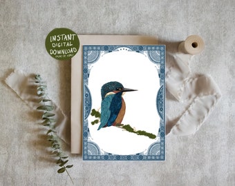 PRINTABLE Kingfisher Bird Greetings Card Downloadable 5"x7" Instant Download