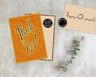 PRINTABLE Thank You Notecard. Orange and Yellow Notecard & Matching Envelope Set Hand Lettered 9x12.5cm Downloadable Instant Download