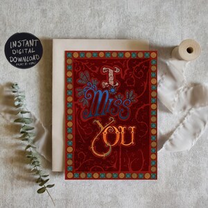 AFDRUKBARE ik mis je wenskaart met de hand geletterd downloadbare 5 "x 7" Instant Download