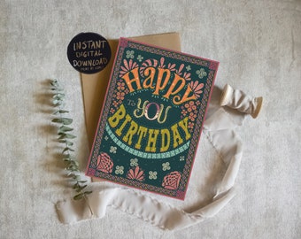 PRINTABLE Happy Birthday Greetings Card Hand Lettered Downloadable 5"x7" Instant Download