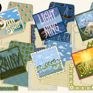 Conjunto de 6 mini cartões de nota imprimíveis (6 x 6 cm), escritos à mão, com tema climático, para download, envelopes correspondentes incluídos