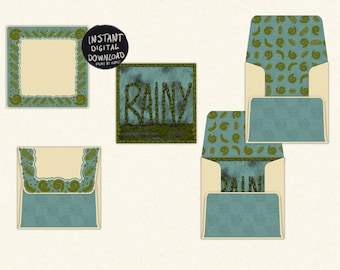 PRINTABLE Mini Notecard Set 'Rainy' Hand Lettered 6x6cm Downloadable Instant Download