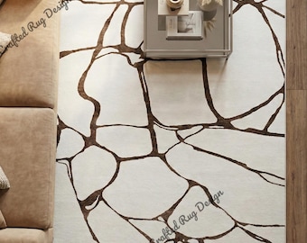 Hand-Tufted Abstract Rug, Beige & Brown Organic Line Art,  Luxury Minimalist Decor