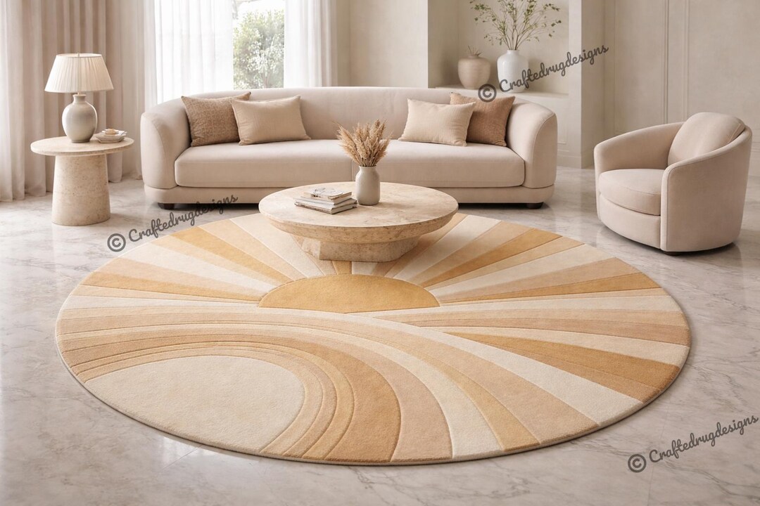 Modern Sunburst Round Rug, Neutral Beige Cream Abstract Rug, Luxury ...