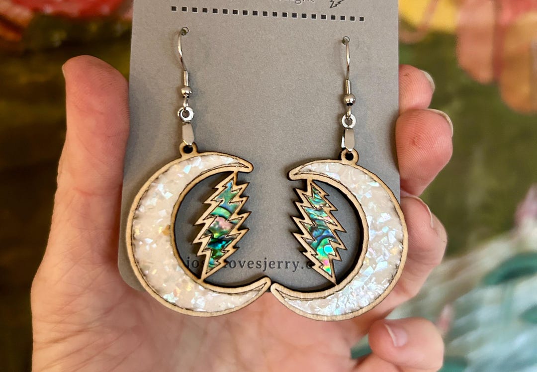 Moon Earrings W/ Grateful Dead Bolt - Abalone Shell - TWO COLOR OPTIONS ...