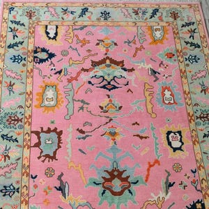 Handmade Turkish Oushak Rugs In Traditional Pink and Mint Green Vintage Carpets For Livingroom, Bedroom 6x8,8x10,9x12,10x14 with Custom Rug