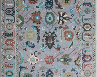 Handmade Oushak Rug – Light Purple Wool Oriental Rug with Multicolor Floral Motifs – Turkish Traditional Area Rug – Living Room  Decor.