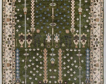 Hand-knotted Olive Green Oriental Rug/Handmade Persian Style Wool Rug With Ivory Border/Traditional Floral Area Rug For Bedroom/Living Room
