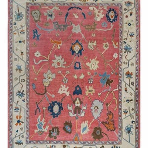 Pink and Cream Oushak Rug antique ethnic Hand Knotted woolen Rug floor Floral Pattern rug Home Decor Rug, Bedroom Rug, living area rug.