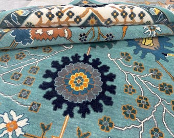 Hand Knotted Teal Wool Area Rug, Persian Style Floral Rug, Vintage Oriental Carpet, Botanical Traditional Handmade Rug