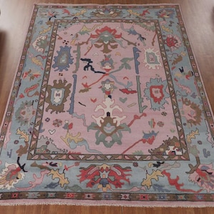Handmade Wool Rug – Pastel Pink and Lt GReen Oriental Area Rug– Vintage Bohemian Farmhouse Home Décor, Multicolor Medallion Floor Rug  8x10