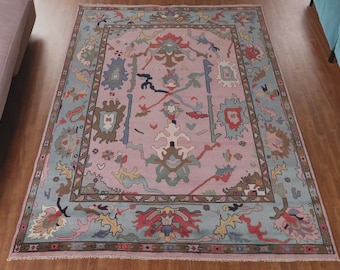 Handmade Wool Rug – Pastel Pink and Lt GReen Oriental Area Rug– Vintage Bohemian Farmhouse Home Décor, Multicolor Medallion Floor Rug  8x10